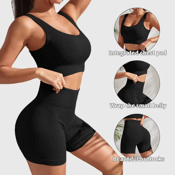 Seamless Ribbed Yoga Sets Workout Sets for Women 2 Pieces Gym Suits Ribbed Crop Tank High Waist Shorts Outfits Fitness Running - Image 6