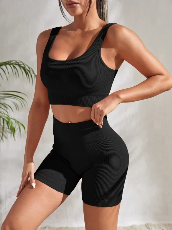 Seamless Ribbed Yoga Sets Workout Sets for Women 2 Pieces Gym Suits Ribbed Crop Tank High Waist Shorts Outfits Fitness Running - Image 5