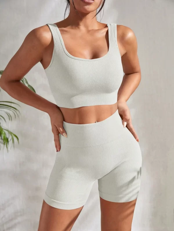 Seamless Ribbed Yoga Sets Workout Sets for Women 2 Pieces Gym Suits Ribbed Crop Tank High Waist Shorts Outfits Fitness Running - Image 3