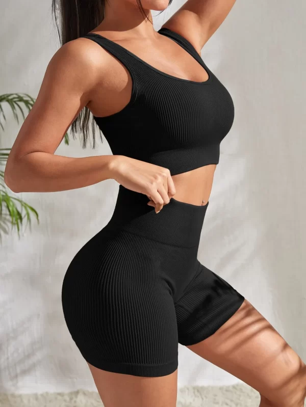 Seamless Ribbed Yoga Sets Workout Sets for Women 2 Pieces Gym Suits Ribbed Crop Tank High Waist Shorts Outfits Fitness Running - Image 8