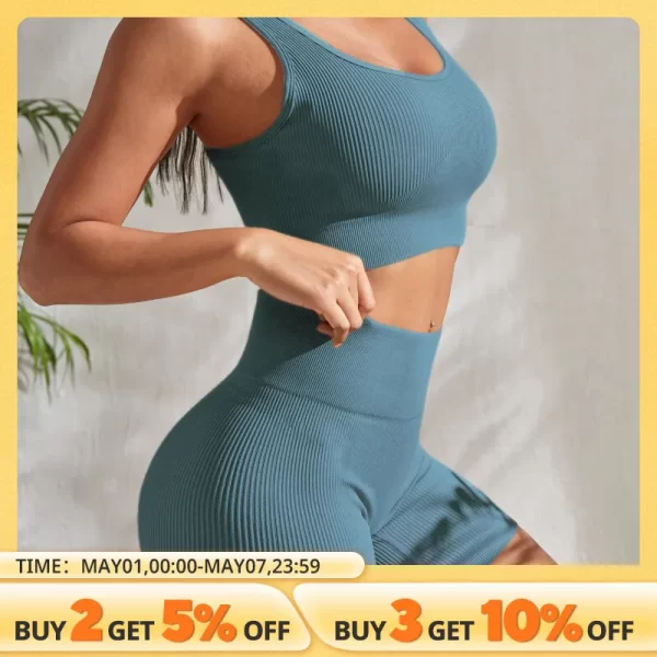 Seamless Ribbed Yoga Sets Workout Sets for Women 2 Pieces Gym Suits Ribbed Crop Tank High Waist Shorts Outfits Fitness Running